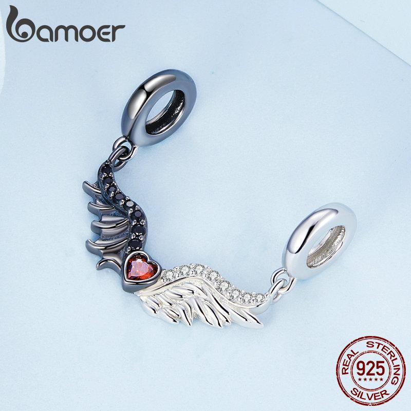 

BAMOER Стерлингового Серебра 925 пробы, красный циркон, черно-белые крылья, подвесная бусина с ангелом и демоном, подвеска для женщин, подарок 925 silver