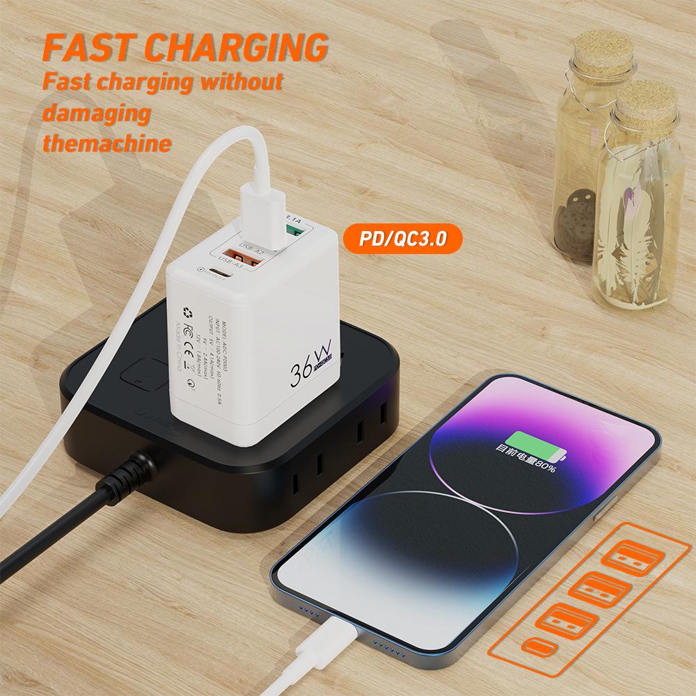 36W Multi-Port Charger with 3A+1C Ports, UK Standard, High-Power 3.1A Flash Charging