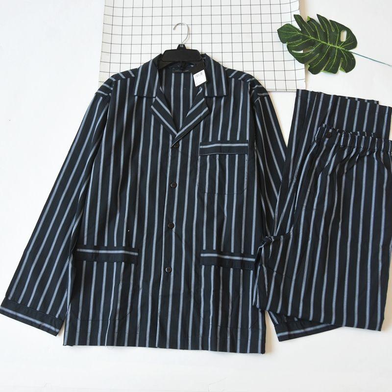 

Out of Fashion Men Woven Pure Cotton Gingham Stripes Pajamas Spring & Fall Thin Long-Sleeved Trousers Casual Homewear Suit Black Stripes 50