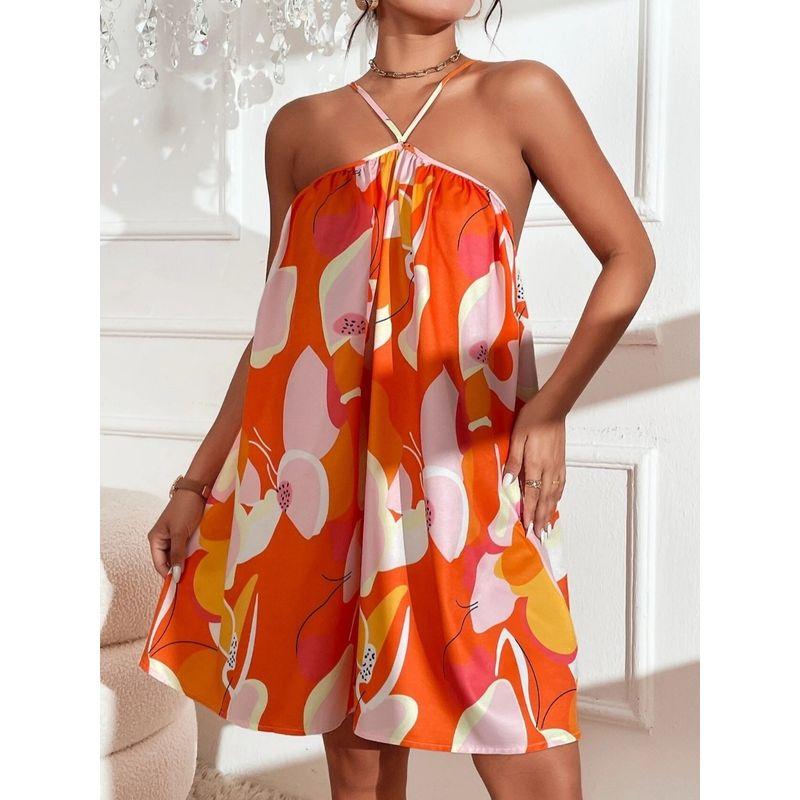 Small Summer Fashion Style Tube Top off-Neck Printed Sexy Open Back Adjustable Halterneck Sleeveless Dress Skirt