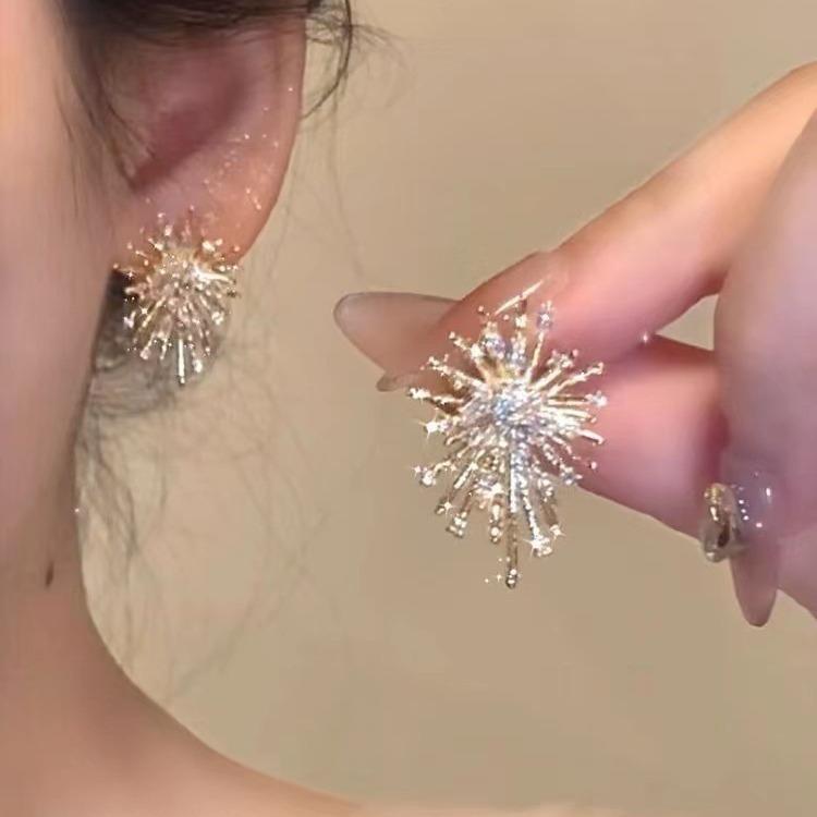 Women Shiny Zircon Imitation Pearl Snowflake Earrings Exquisite Firework Jewelry For Christmas Party
