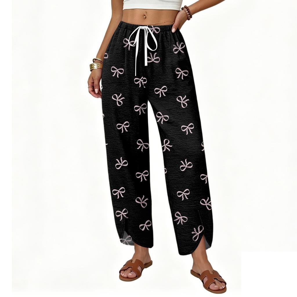 Women Casual Loose Straight Leg Wide Leg Drawstring Printed Long Pants with Pockets for Everyday Relaxed Wear
