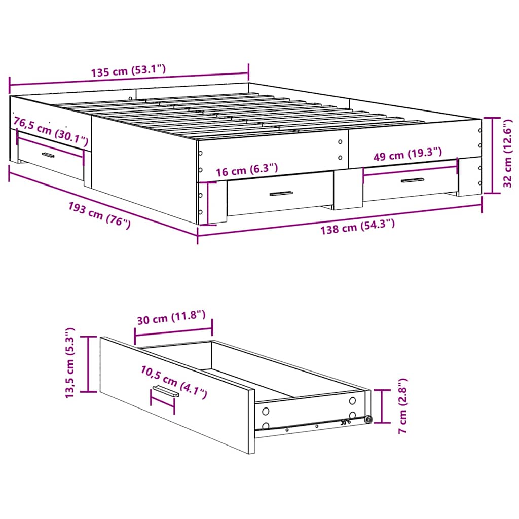 Bed Frame with Drawers Smoked Oak 135 X 190 Cm Wood Based Material