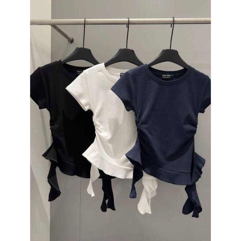 Korean Style Gyaru round Neck Shoulder Short sleeve T-shirt Women Summer Slim fit Temperament Design Irregular Frill Top