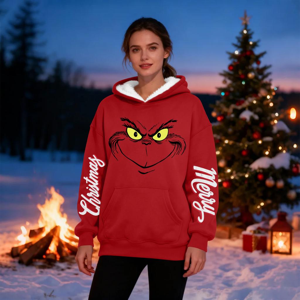Women's Casual Fashion Plus Velvet Thickened Christmas Print Hooded Sweatshirt