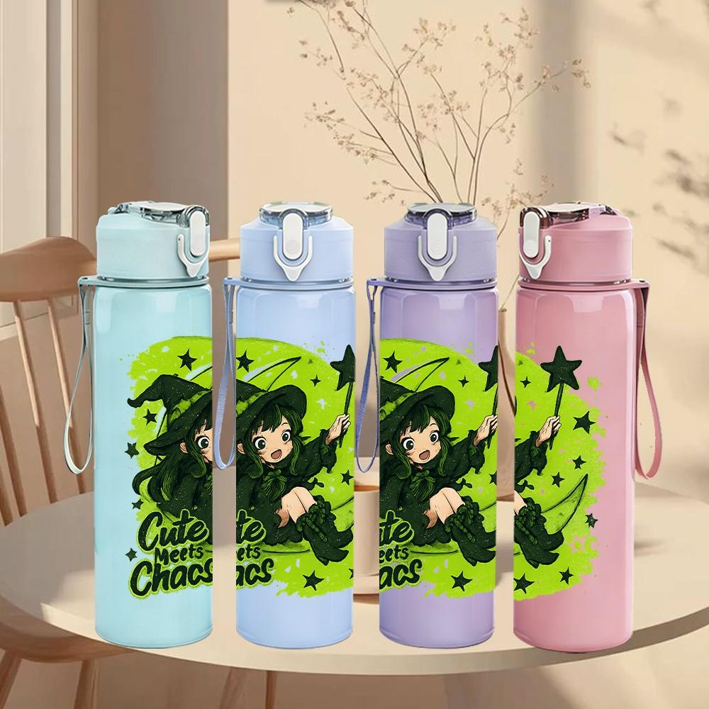 1PC Green Witch Girl Art Pattern 750ml Color Plastic Sports Water Bottle Leakproof Flip Straw Lid Suitable for Sports Office Home Use