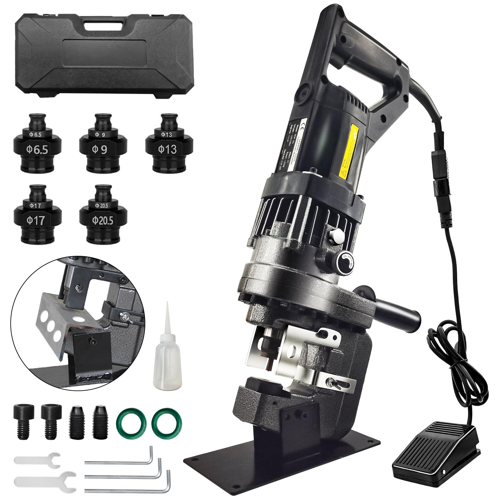 

Howhite Electric Hydraulic Puncher 1300w Hydraulic Punch 110V Compatible with copper aluminum steel iron channel angle 5 types of foot storage case
