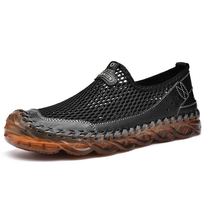 Shoes Handmade Cowhide Mesh Breathable Sandals Men's Hollow Shoes Sewn Leather Shoes Air-conditioned Shoes