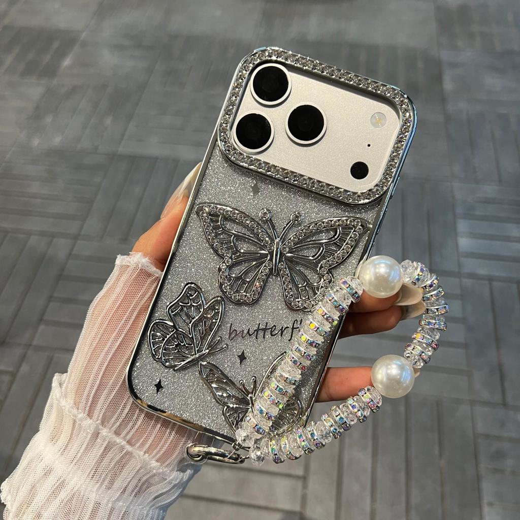 Apple 17Pro Case: Electroplated 3D Butterfly Rhinestone Design, Glitter Anti-fall Soft Cover for iPhone16.