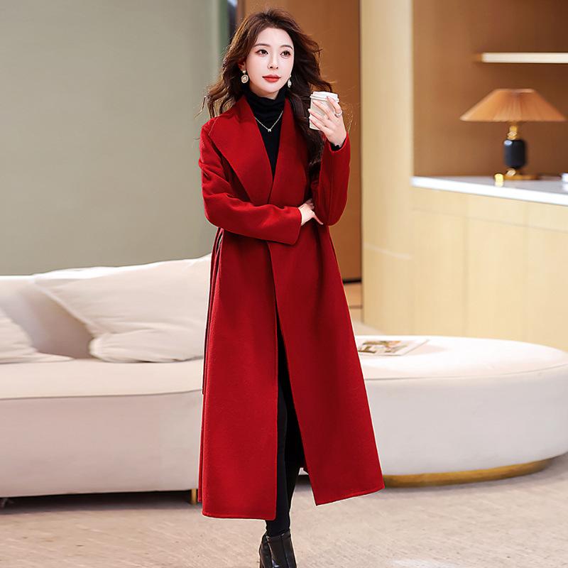 Red Double-sided Wool Coat Women's Extended Autumn and Winter New Wedding Thin Temperament Wool Coat