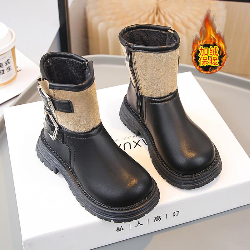 Girls Martin Boots British Fashion Children's Short Boots 2025 Winter New Velvet Thermal Cotton Boots Girls Leather Boots