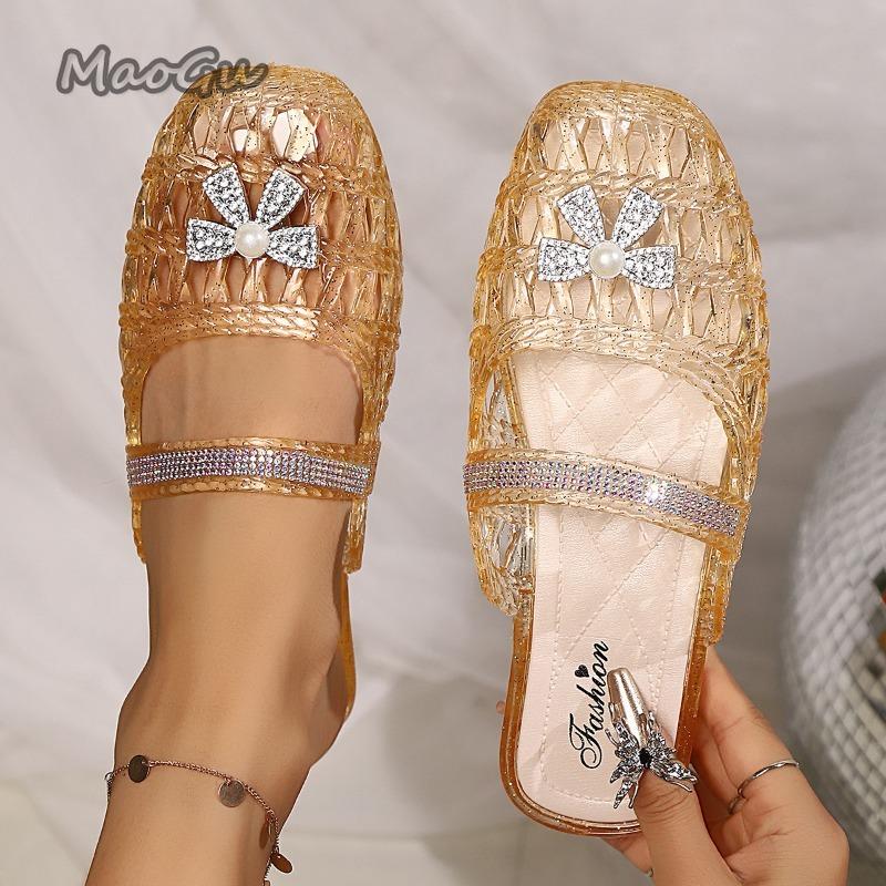 Fashion Low Heel Hollow Crystal Shoes for Women Pvc Slides Women's Beach Slippers Summer Footwear Large Size37 41 Zapatos De Mujer