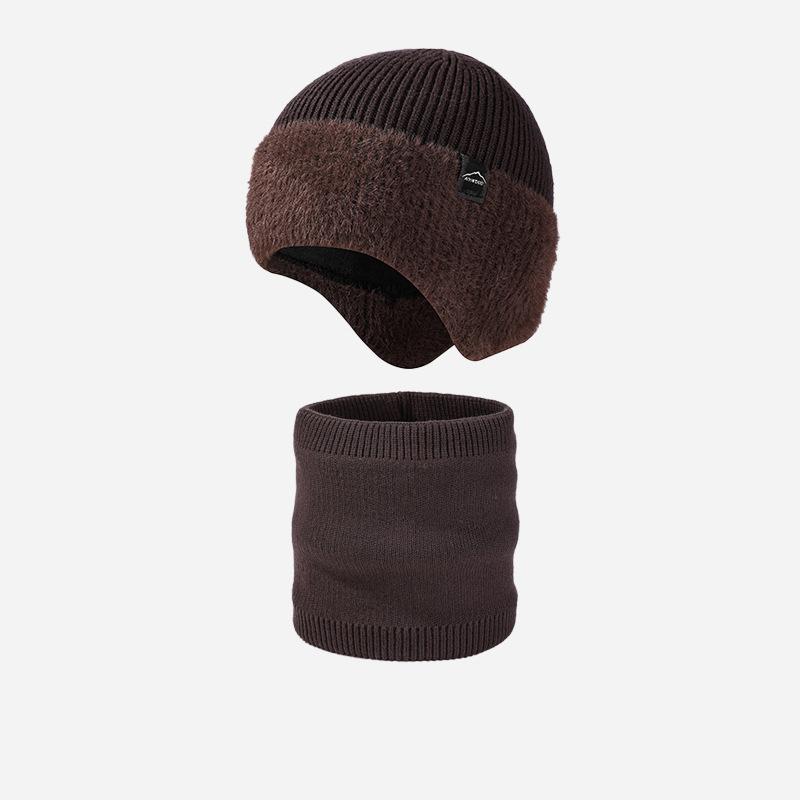 Winter Ear Face Protection Velvet Knitted Hat Scarf Kit Men's Winter Outdoor Warm Hat Two-Piece Set