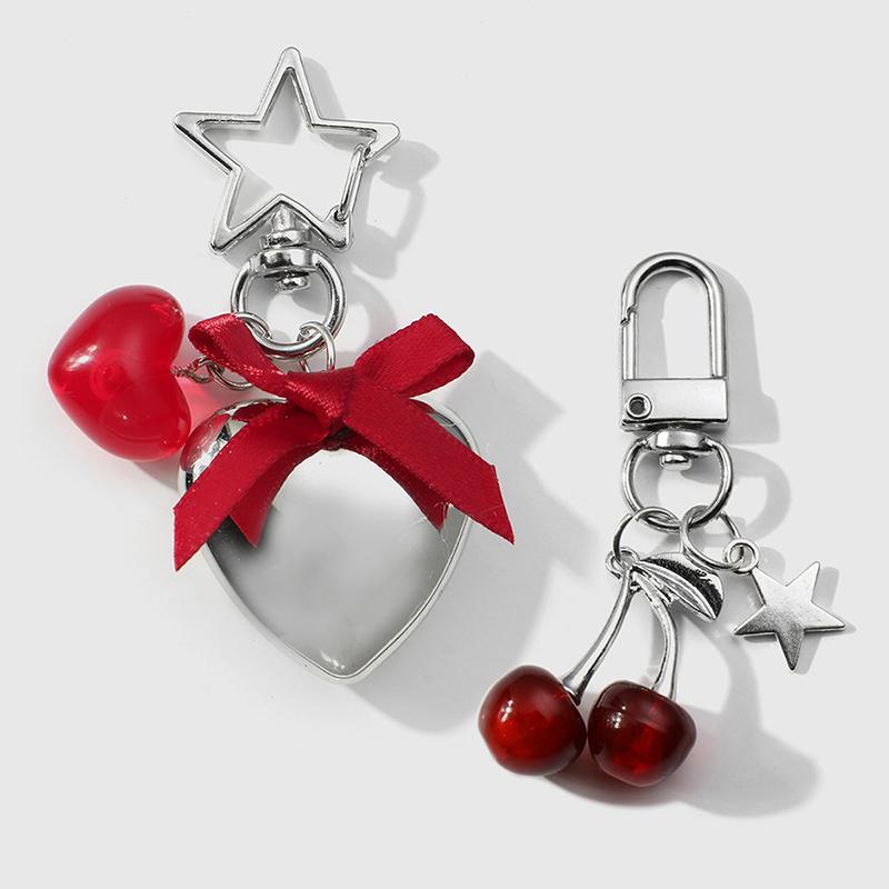 Sweet Red Cherry Pearl Keychain Ribbon Bowknot Keyring Bag Pendant Key Hanging Decoration For Best Friend Gifts