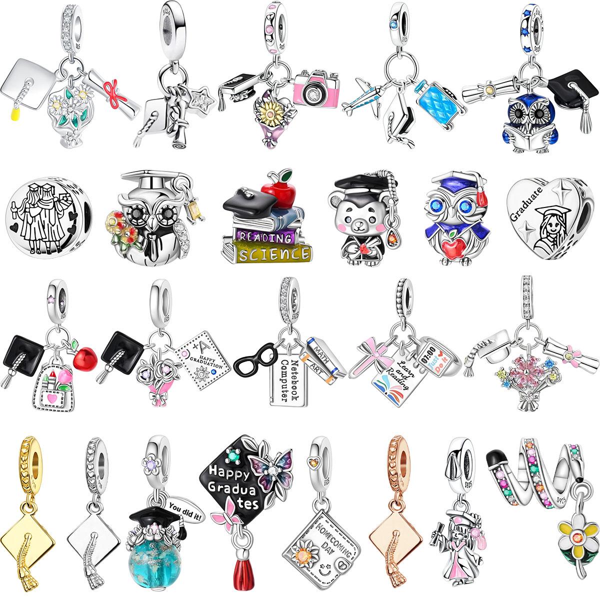Pandara Jewelry Copper Graduation Season Charms Beads Mortarboard Happy Graduation Pendants Fit Bracelet Diy Fine Jewelry Gift