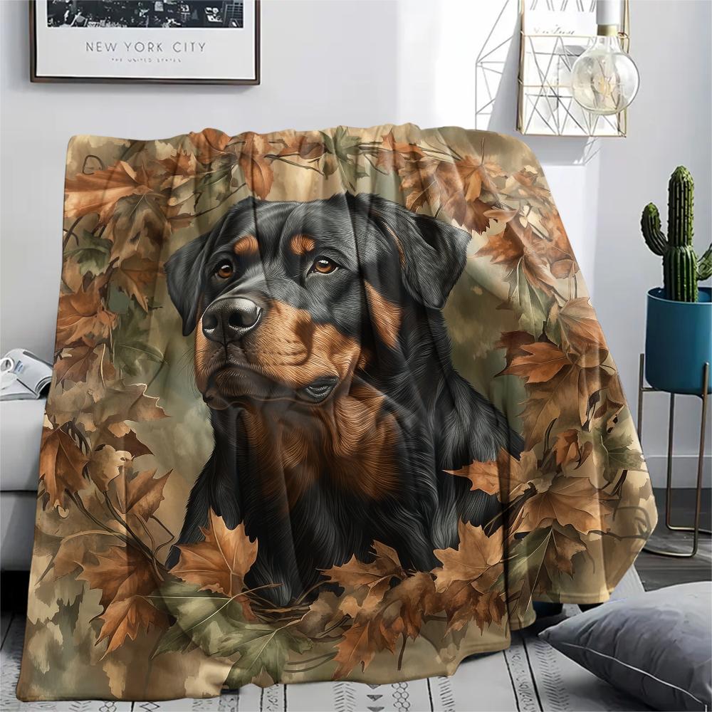 Rottweiler und Blätter, Muster Flanelldecke, Hohe Qualität, Bequem für alle Jahreszeiten, Heimdekoration, Wärme und Komfort, Perfekt für Geschenke.
