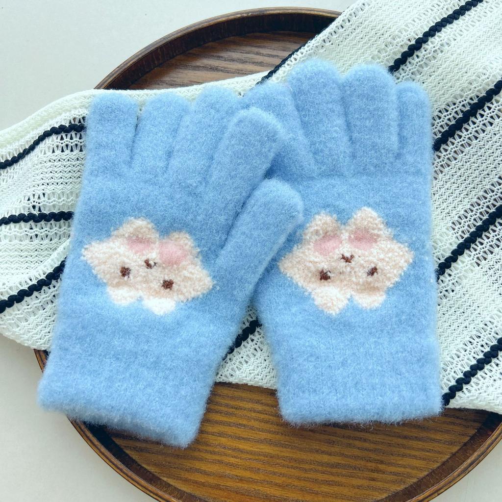 8-12 years old children's gloves knitted primary school students to keep warm in winter boys and girls cute velvet cold-proof cartoon finger line