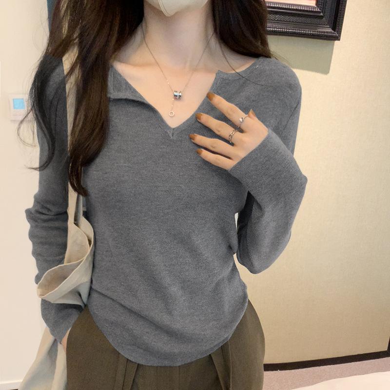 

Женский свитер с длинными рукавами и V-образным вырезом в стиле ленивой моды на осень и зиму, новый облегающий крой, внутренняя часть футболки, модная рубашка L