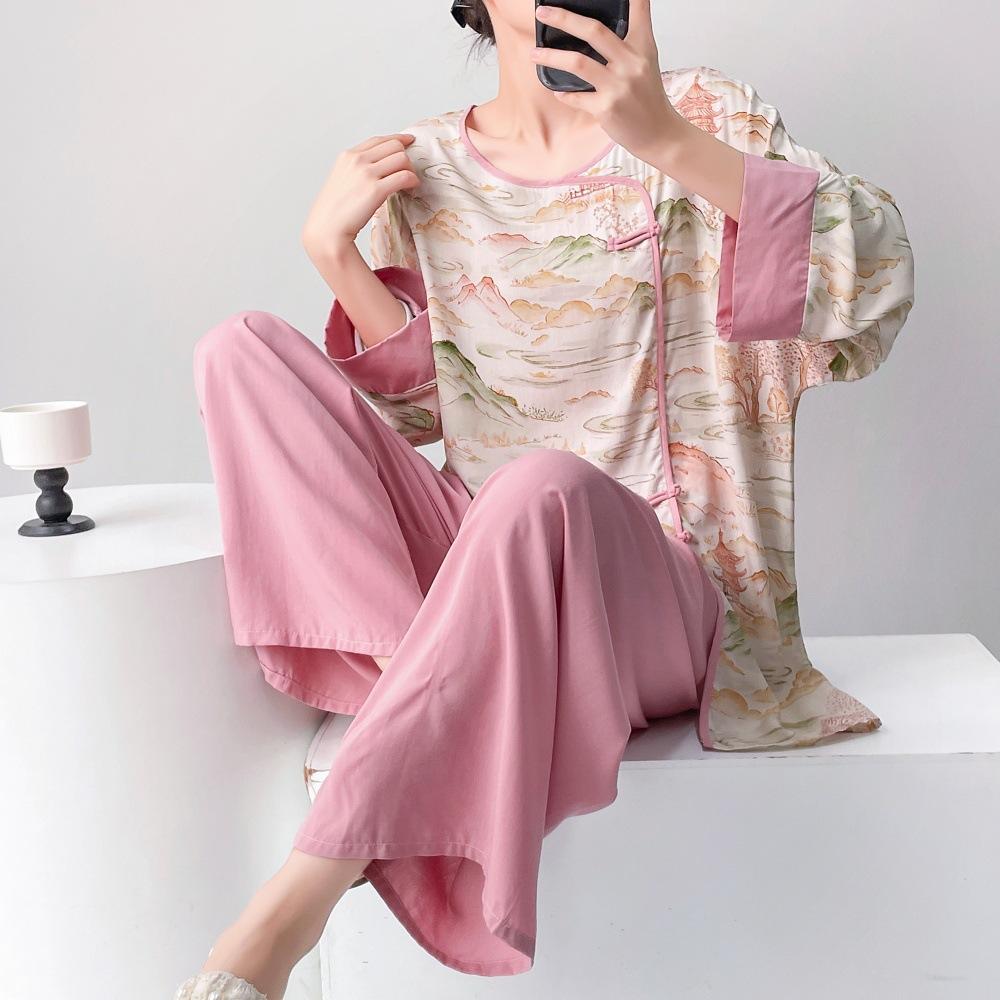Spring/Summer new cotton silk new Chinese floral print pajamas, women's frog button loungewear, cotton silk set, vintage national style