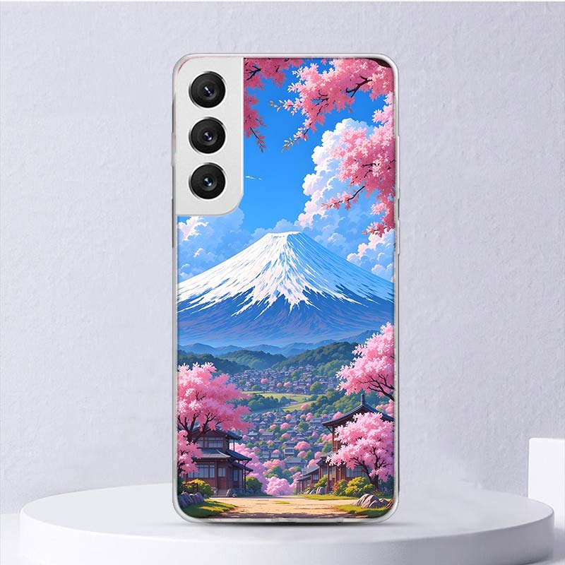 Japanese Cherry Mount Fuji Soft Case For Samsung Galaxy S25 S24 S23 S22 Ultra Phone Cover S20 FE S21 Plus S25 Edge + Funda Coque