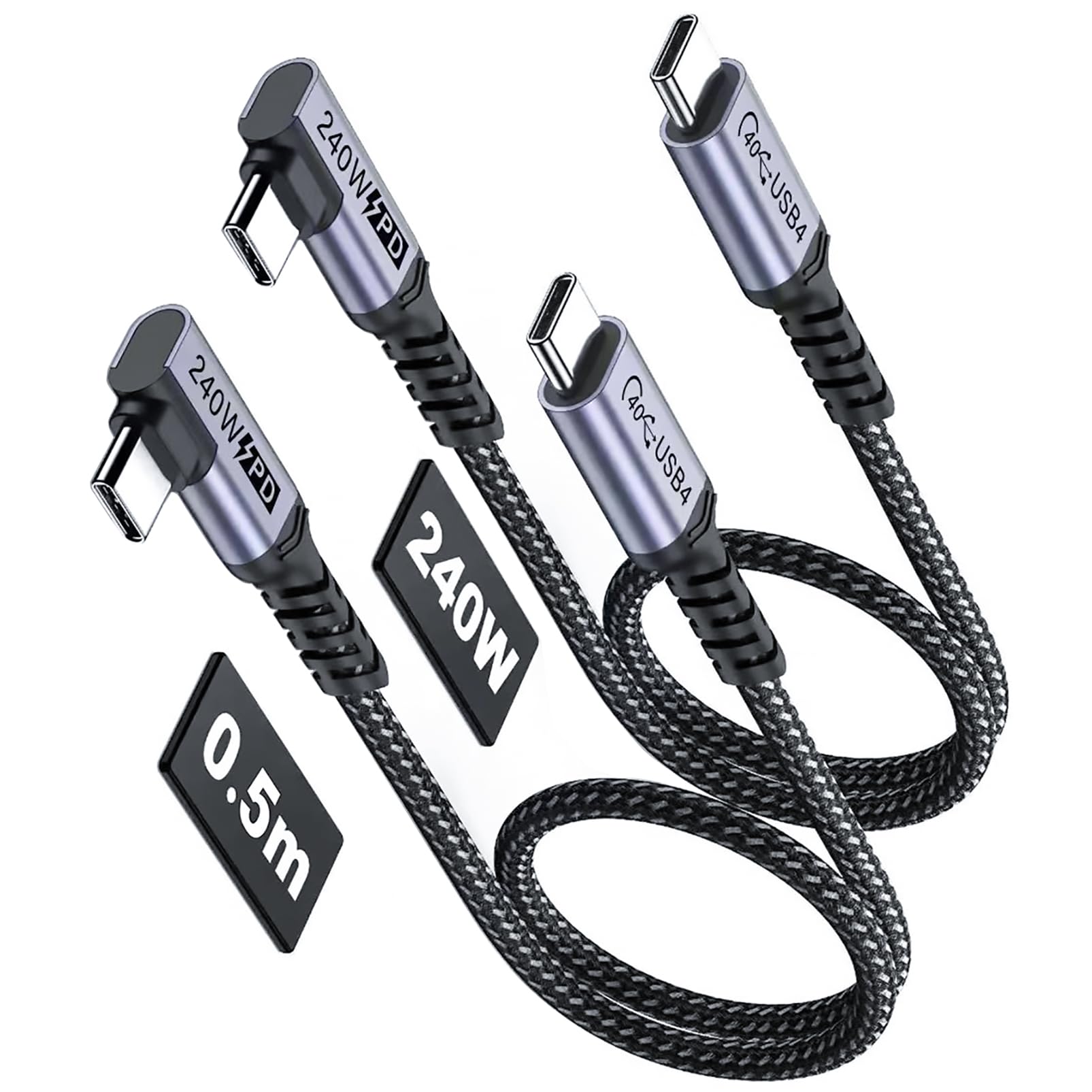 

Два 50-сантиметрові короткі USB 4 SUMPK 240W Швидкі кутові кабелі для заряджання з передаванням даних 40 Гбіт/с та відображенням відео 8K, Високошвидкісні