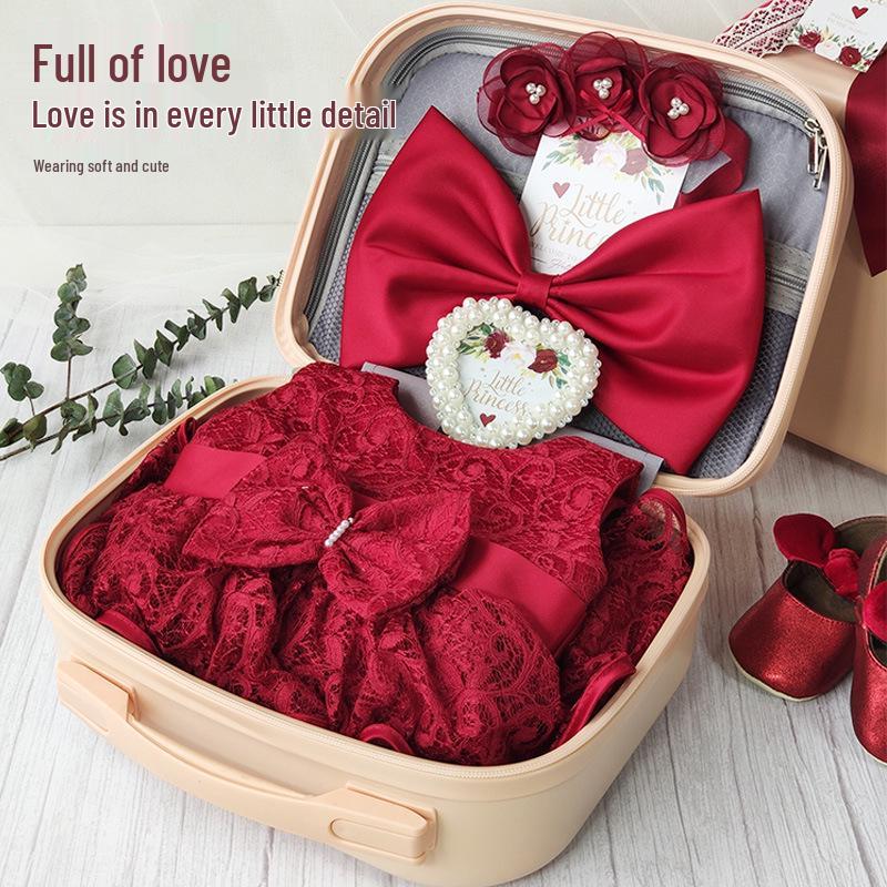 Baby Girl Red Lace Rose Dress - First Birthday Princess Outfit with Gift Box