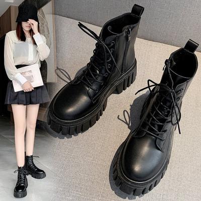 Thick-soled Lace-up Martin Boots Women's Autumn and Winter New Korean Version Leather Women's Boots Comfortable Soft-soled Women's Medium Boots