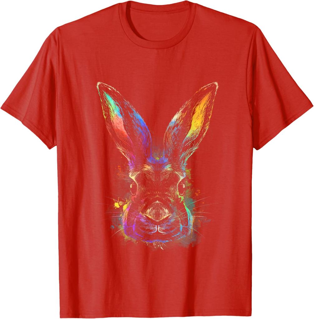 Colorful Rainbow Watercolor Rabbit Graphic Tee Men Casual Crew Neck Daily T-Shirt Easter
