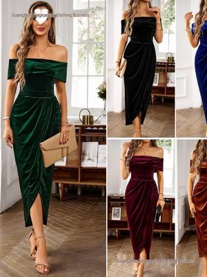 Velvet One-Shoulder Elegant Long Dress for Autumn and Winter