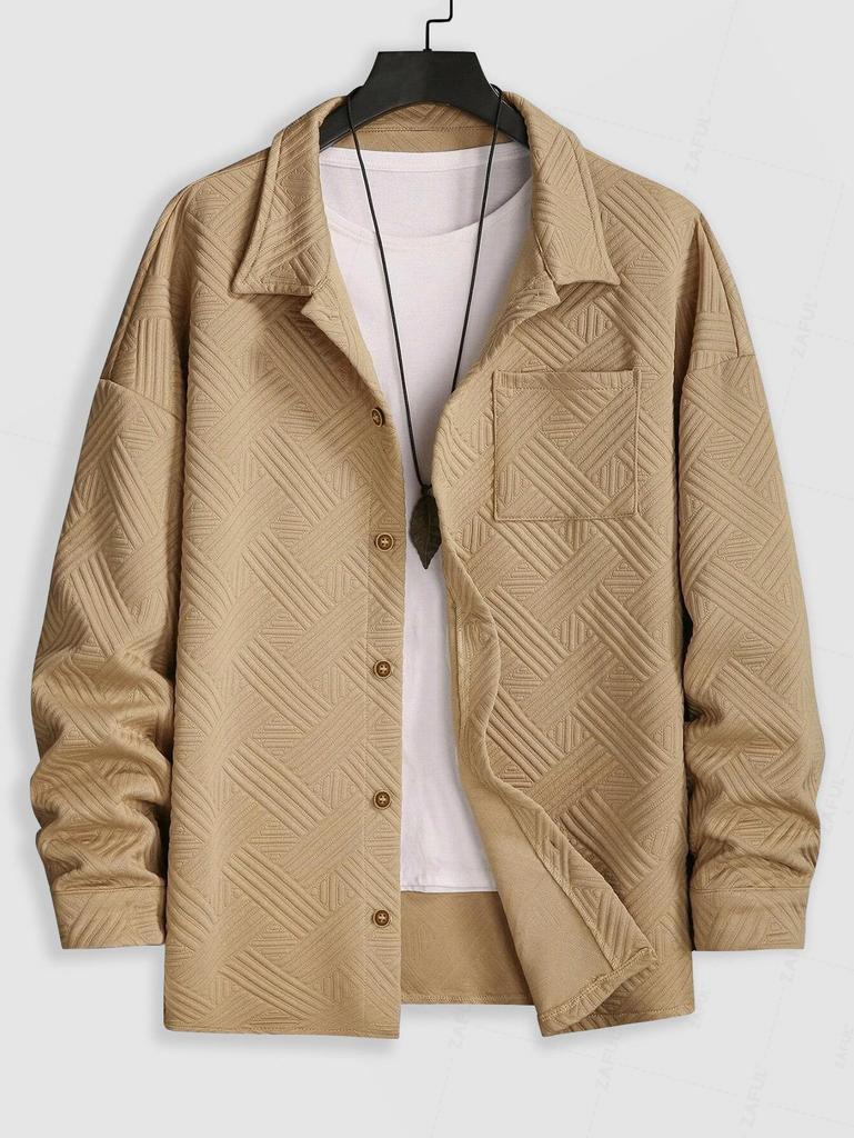 Men's Air Cotton Geometric Jacquard Textured Pocket Design Single-breasted Shacket