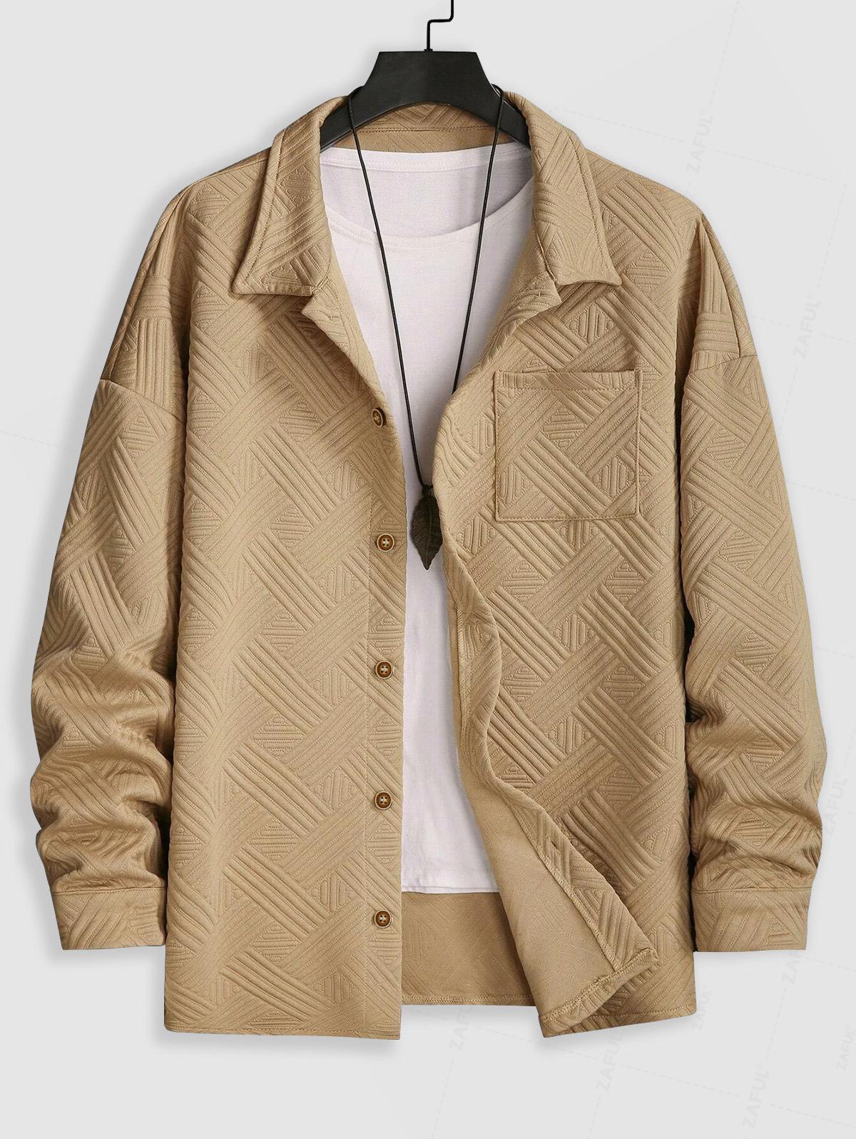 

Men s Air Cotton Geometric Jacquard Textured Pocket Design Single-breasted Shacket XXL кавовий