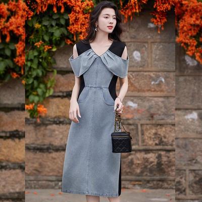 Bailuyu V-Neck Off-Shoulder Color Block Patchwork Slimming Denim Maxi Dress