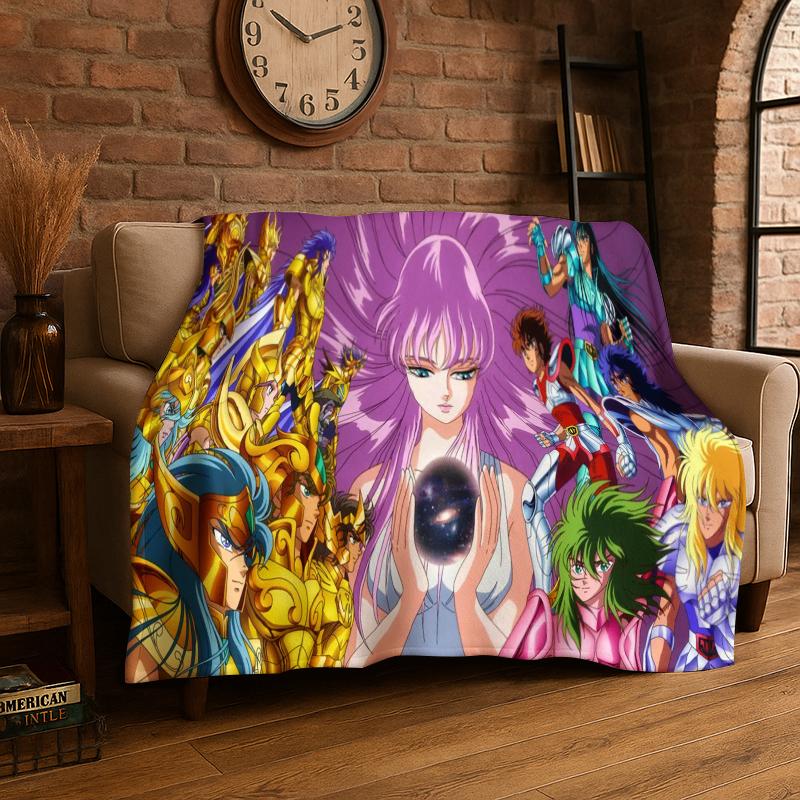 Retro Saint Seiya Anime Cartoon Flannel Blanket Soft Warm Throw Blanket for Bedroom Living Room Bed Travel Camping Picnic Gift