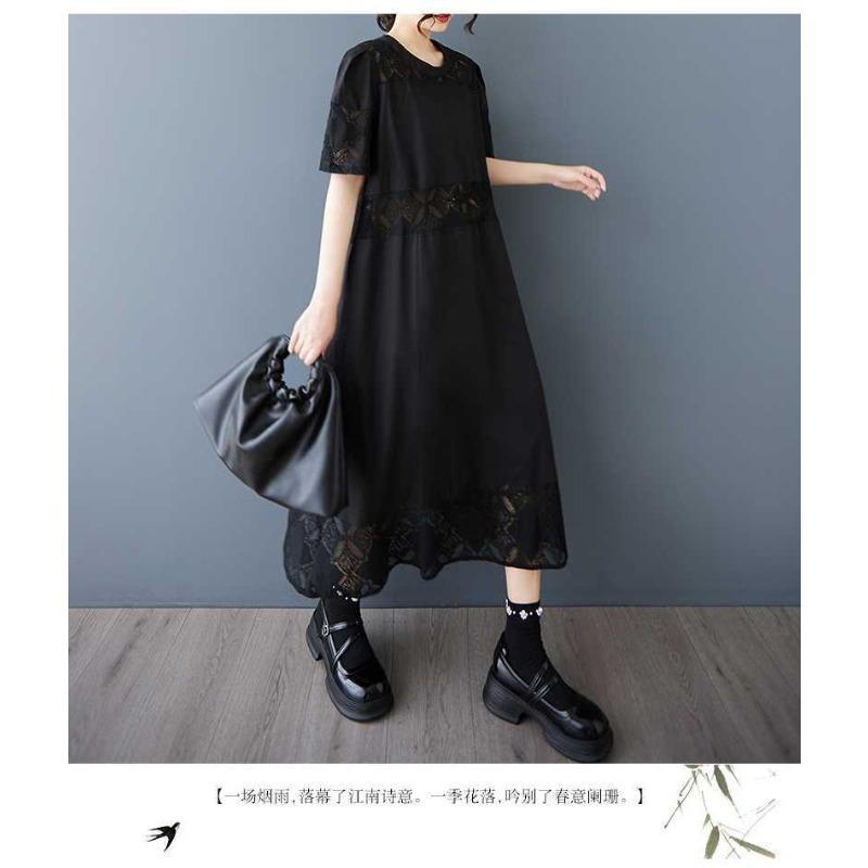 Damen Spitzen-Ausschnitt Patchwork Kleid, Modisches lockeres Hemd, Langer Rock