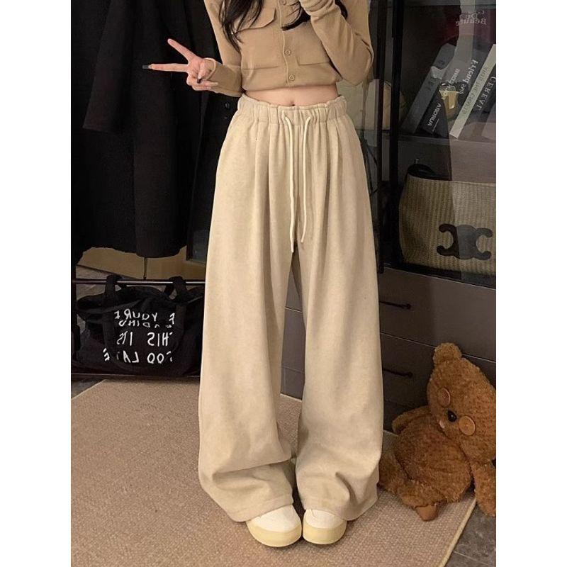 Pink Velvet Pants Warm Casual Pants Loose Pants Women's Clothing Fall High Waist Thick Straight-Leg Pants Mop Pants Pants