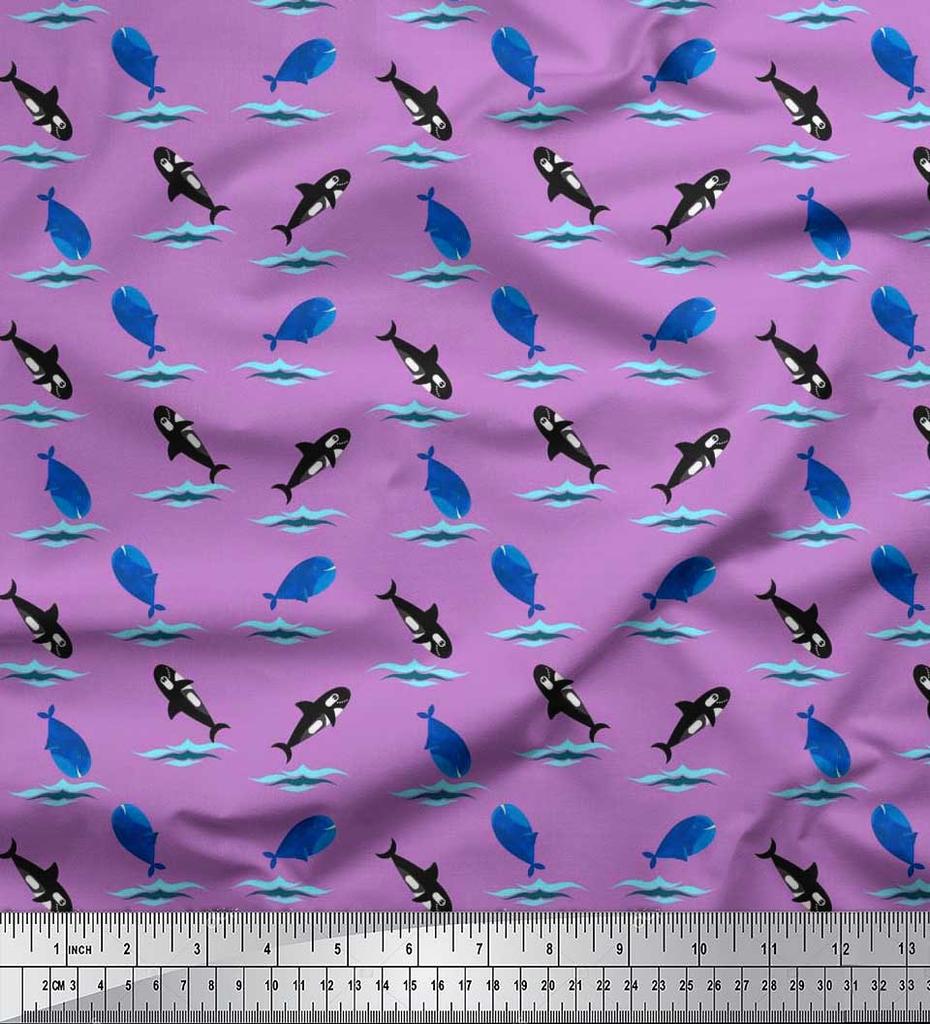 Soimoi Japan Crepe Satin Fabric Waves,Whale & Dolphin Ocean Decor Fabric Printed metre 42 Inch