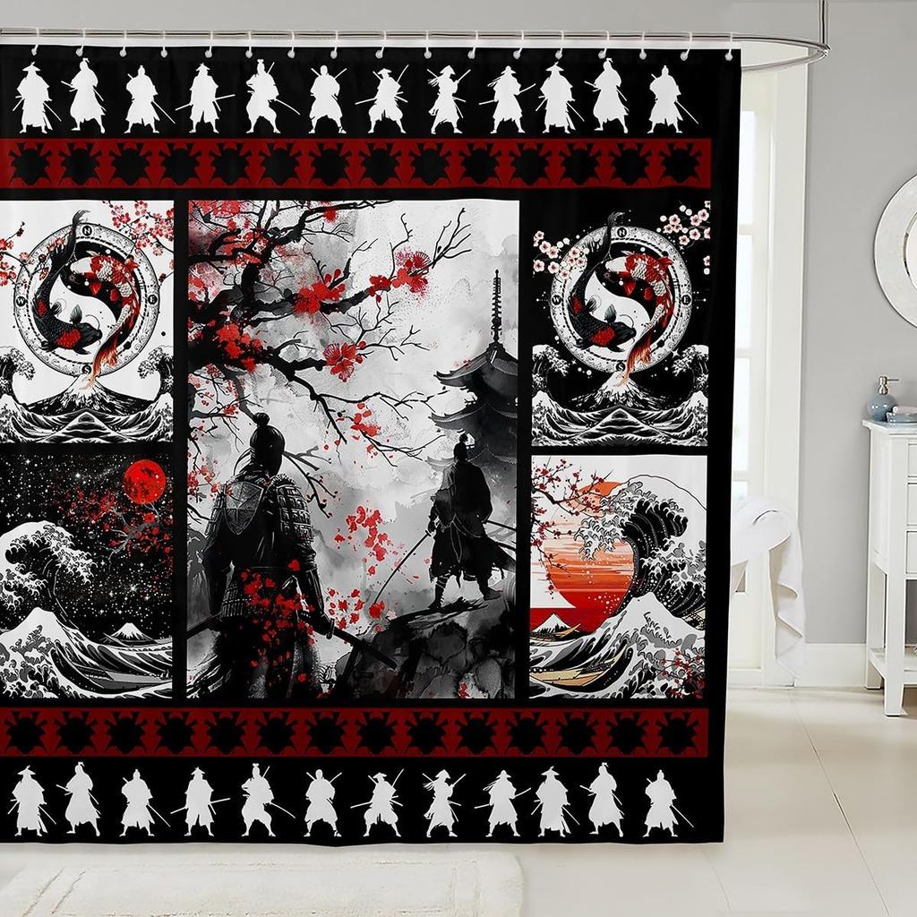 Kids Japanese Geisha Shower Curtain Boys Girls Cherry Blossoms Bathroom Shower Curtain Set Japanese Style Bath Curtain