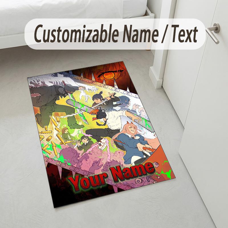 Personalized Crystal Velvet Carpet,Chainsaw Man Custom Printed Name, Plush Area Rug For Home Indoor Decor