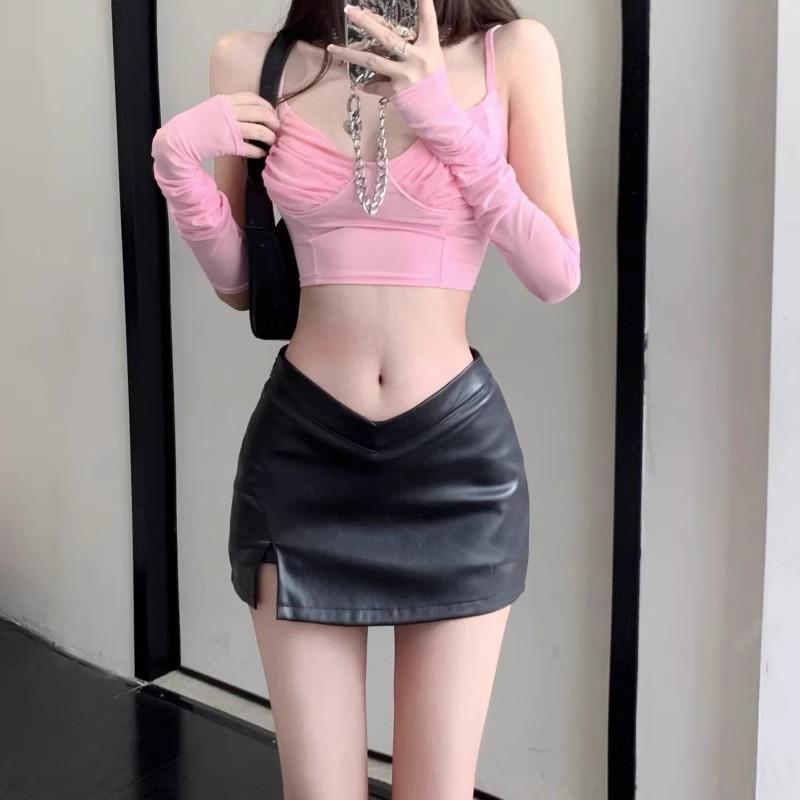 Women's High Waist PU Leather Black Midi Skirt with Slit - New Autumn 2025 Plus Size Bodycon