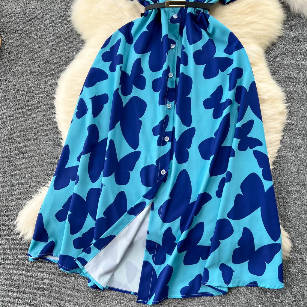 Šik Elegantní Potisk Jedlá Stromová Houba Krátký Rukáv Elegantní Zavinovací Límec Bodycon Šaty Módní Štíhlé Letní Šaty