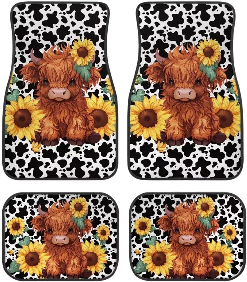 Van Car Interior Accessories 4-Piece Car Protector Mat Highland Cow Sunflowers Print All Weather Car Floor Mats Universal Fit Automotive SUV Sedan