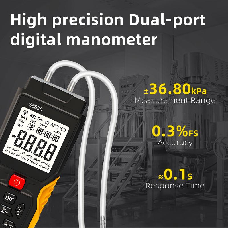 Manômetro Digital T9-S8830 ±36,8 kPa Testador de Pressão HVAC de Porta Dupla 12 Unidades Armazenamento de 99 Dados Luz de Fundo