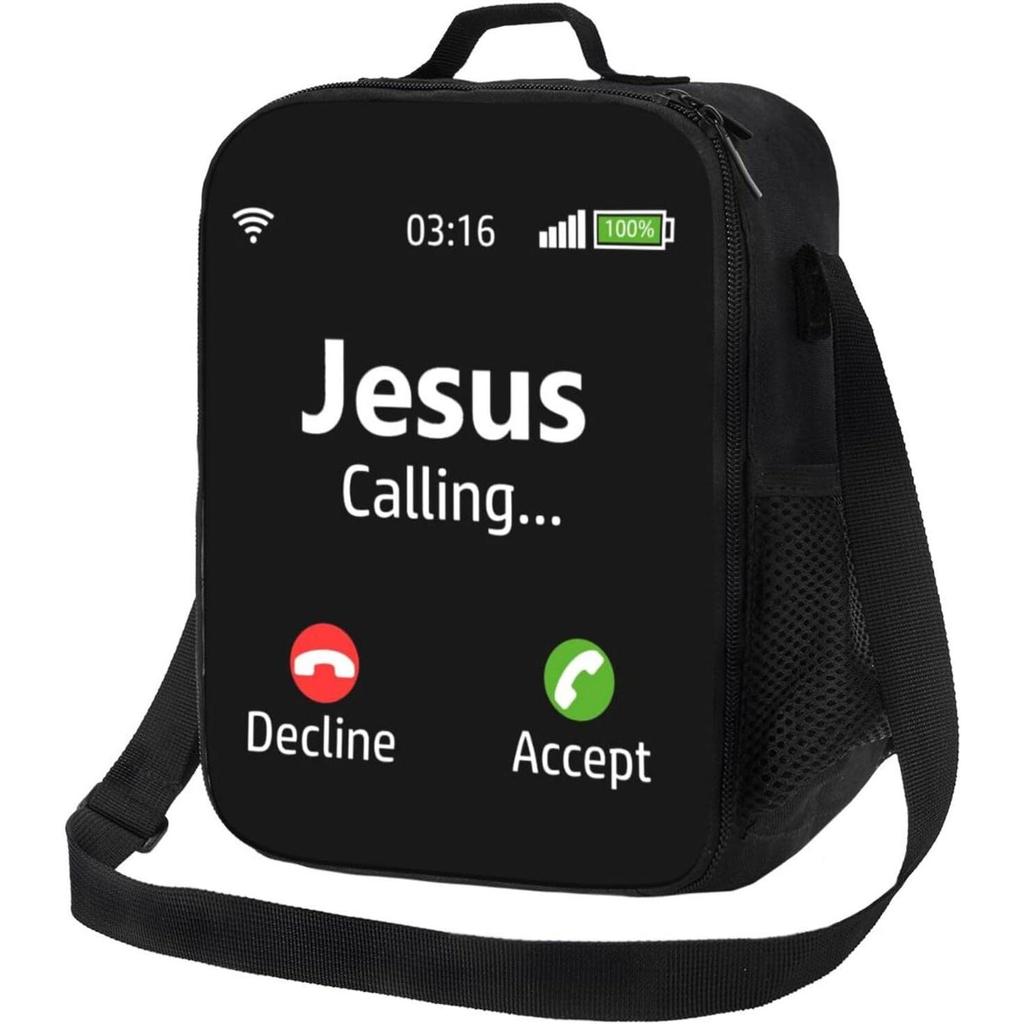 Jesus is Calling Christian Lunch Box with Side Pocket Leakproof Portable Lunch Bags for Office Beach Work
