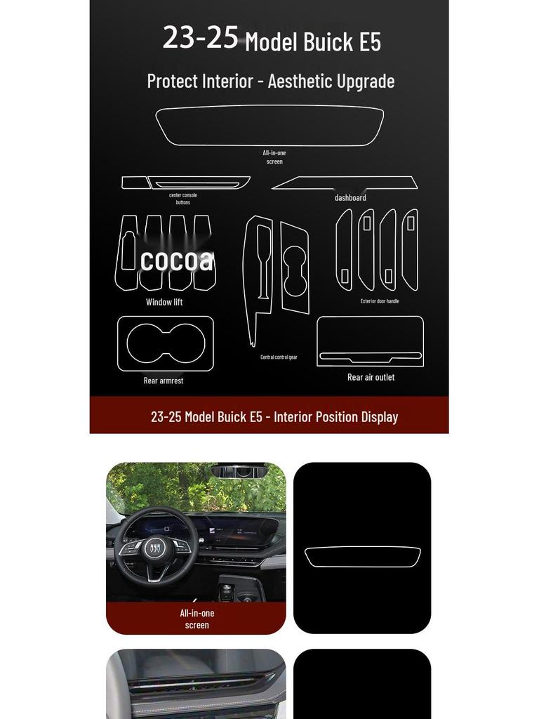 Buick E5 Interior Protective Film: Center Console, Screen, Rear AC, Door Handle Accessories.