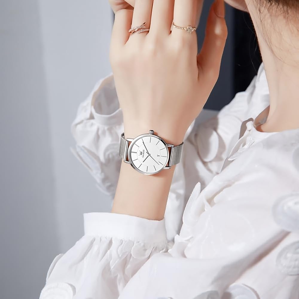 OLEVS Women's Minimalist Casual Watch Leather Band Waterproof Analog Quartz with Date Calendar Silver Mesh Strap