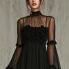 There are big flowers on the chest, European and American French three-dimensional rose mesh dress, high neck perspective horn, small black dress.
