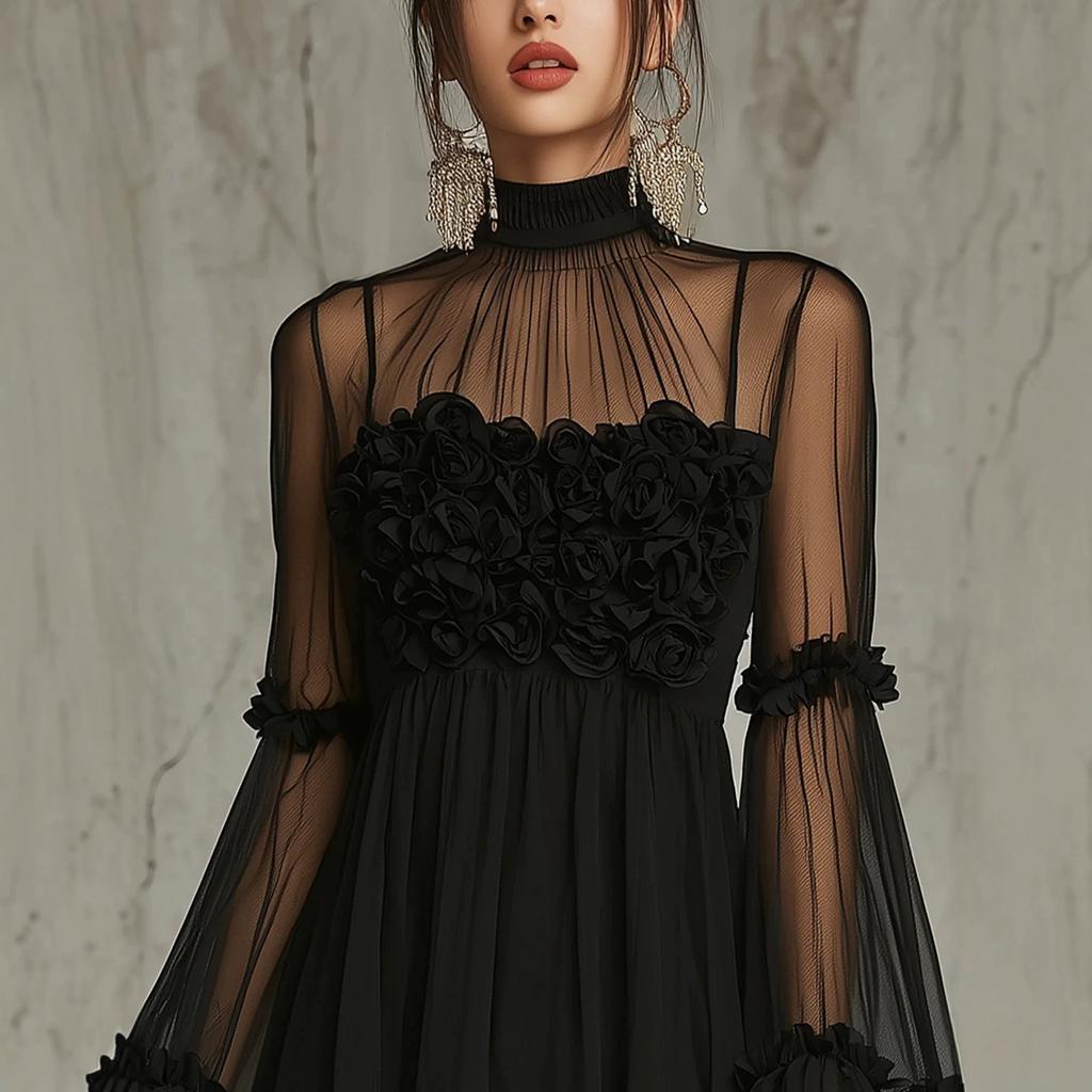 There are big flowers on the chest, European and American French three-dimensional rose mesh dress, high neck perspective horn, small black dress.