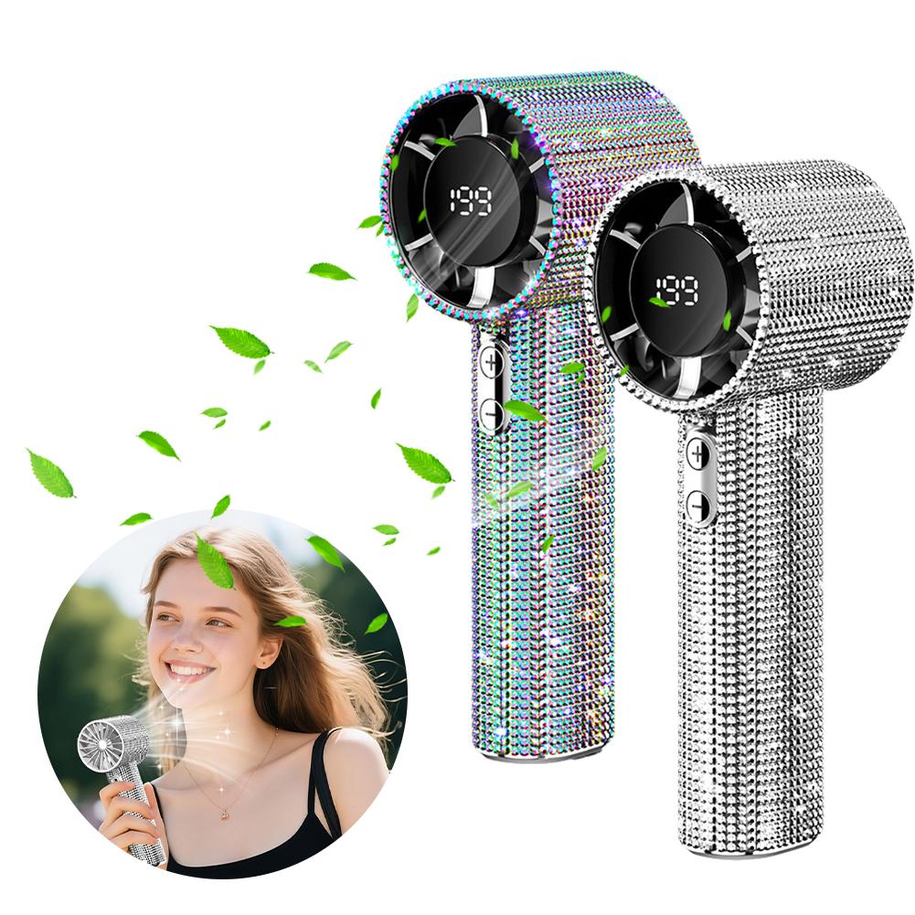 Full Diamond Luxury Craftsmanship Portable Handheld Turbo Fan 3 Gear Wind Long Battery Life With Digital Display