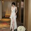 Celebrity sexy lace deep V-neck neck dress three-dimensional flower thin ruffle edge split long dress tide