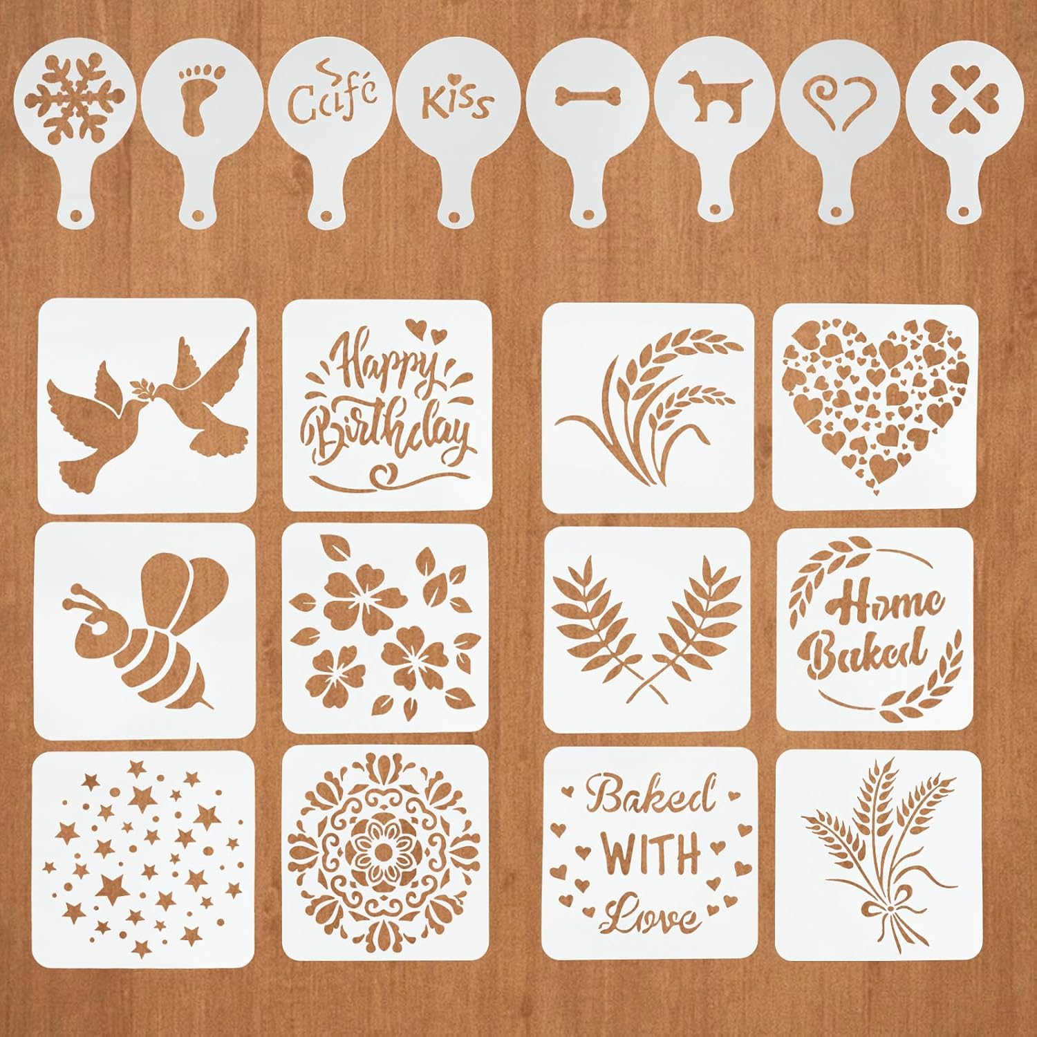 20 Pcs Stencils for Cake Decorating and Sourdough Bread, Coffee Stencils and Reble Baking Stencil Set with Wheat and Heart Designs, Suitable for